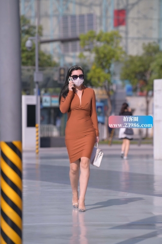 街拍棕色包臀裙美妇