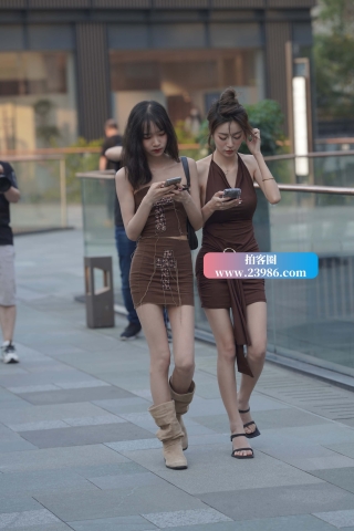 街拍棕色短裙长腿姐妹