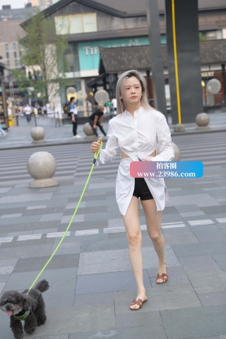街拍牵着狗狗的白衬衫小姐姐